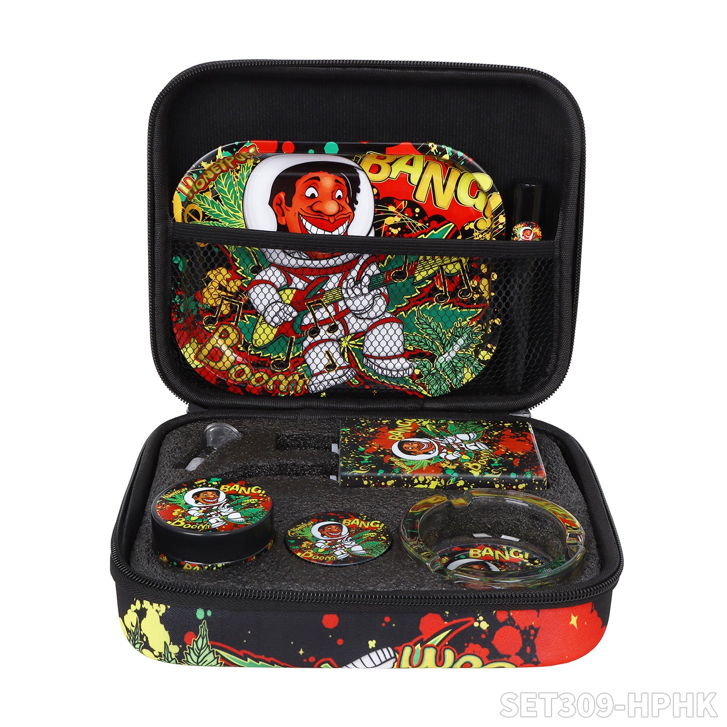 Honeypuff smoking kit with tin rolling tray +lglass storage jar+zinc alloy grinder+joint holder+glass water bong+glass ashtray