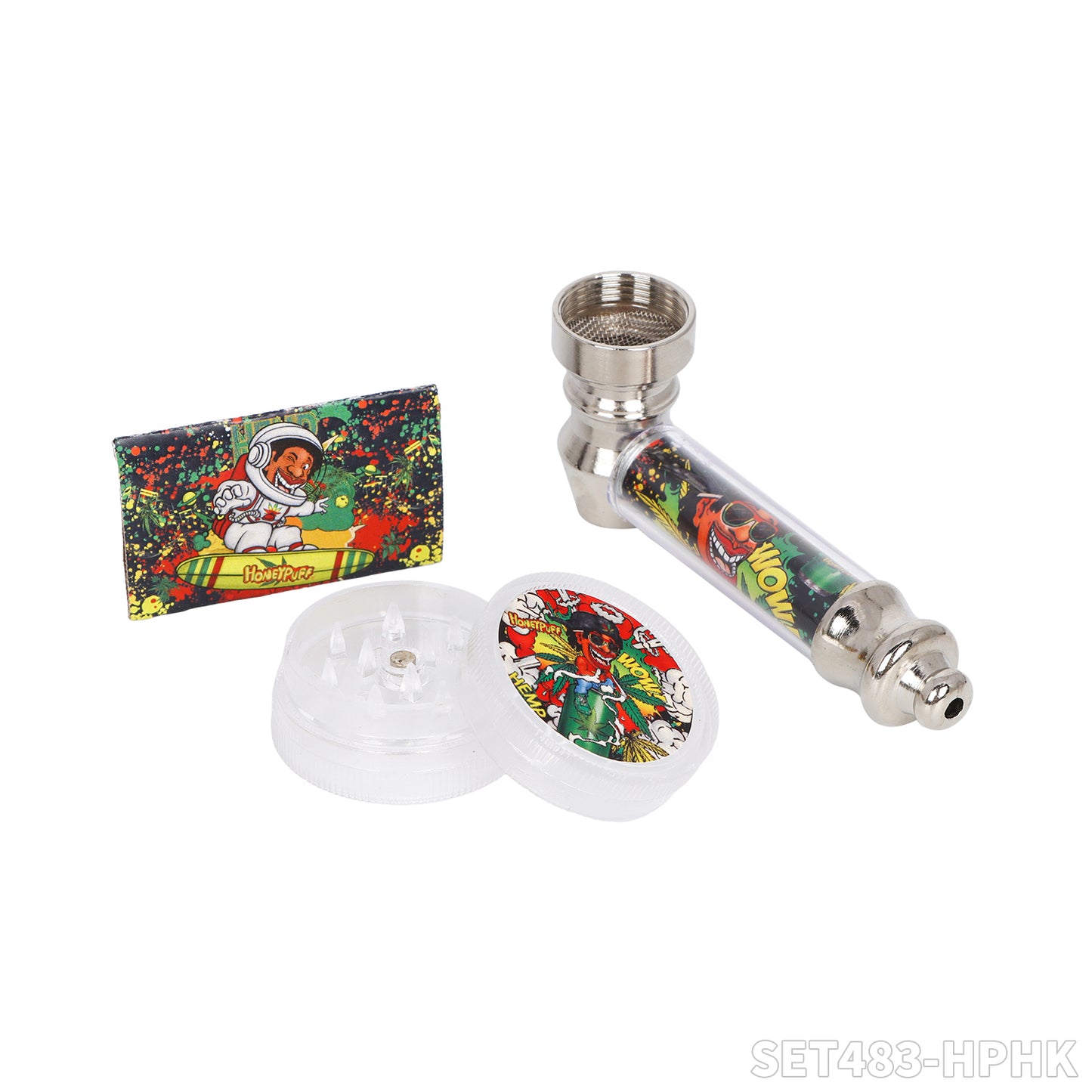 Honeypuff various designs smoking pipe kit with 30mm 2 parts plastic griner+short metal pipe+screen