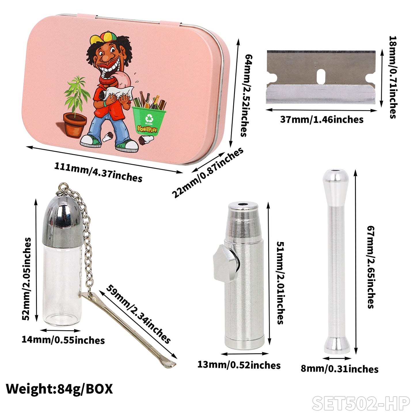 Honeypuff smoking kit snuff kit with glass bottle+snuff tube+Small knife blade