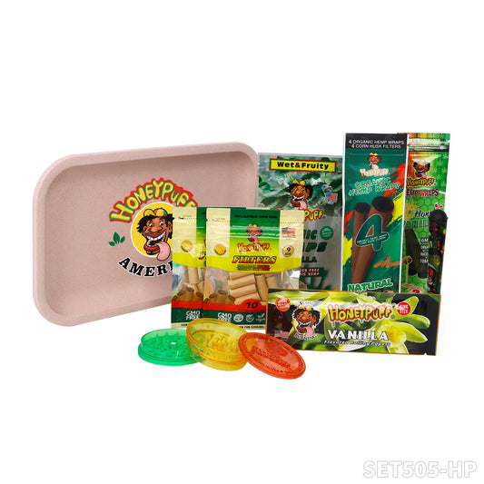 Honeypuff smoking kit with biodegradable rolling tray+3 bags hemp wrap+1 pack rolling paper+1 pcs joint holder+1 pcs plasitc grinder+2 bags filter tips