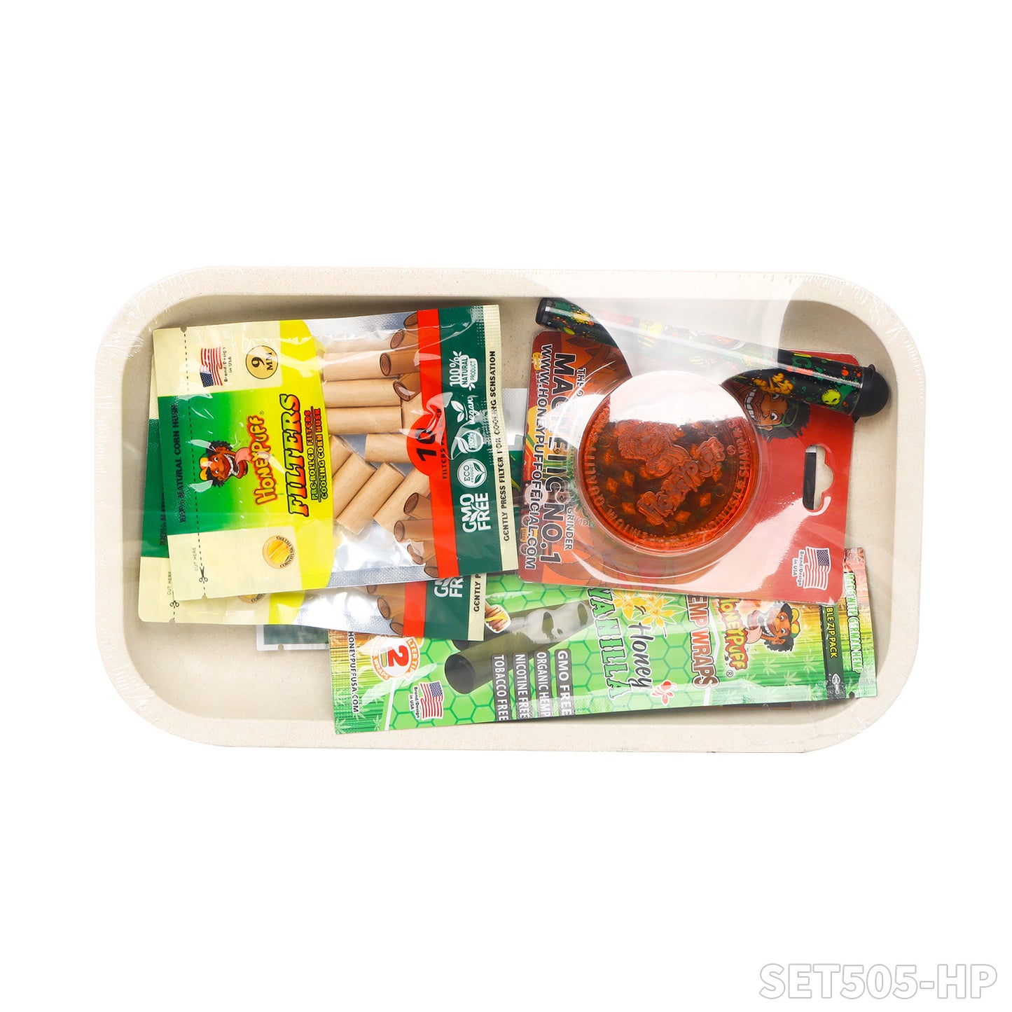 Honeypuff smoking kit with biodegradable rolling tray+3 bags hemp wrap+1 pack rolling paper+1 pcs joint holder+1 pcs plasitc grinder+2 bags filter tips