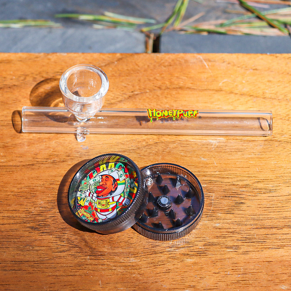 HOEYPUFF Portable Herb Grinder Kit, 101 mm Glass Hand Pipe, 2 Lay Plastic Herb Grinder, 40 PCS / Box