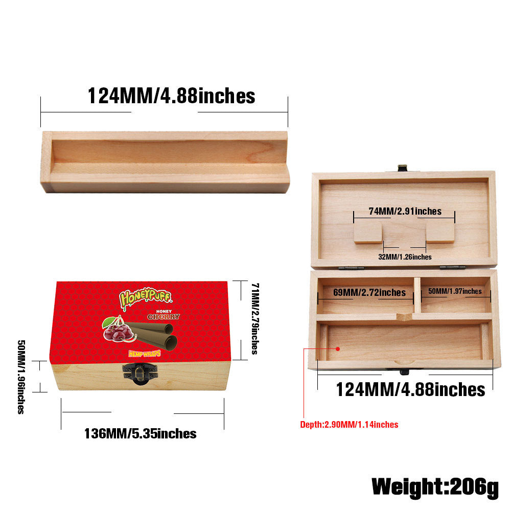 HONEYPUFF Handmade Tobacco Smoking Herb with Red Lid Cover, Lockable Wooden Box, 5.4” x 2.8” x 2.0” Size Storage Box