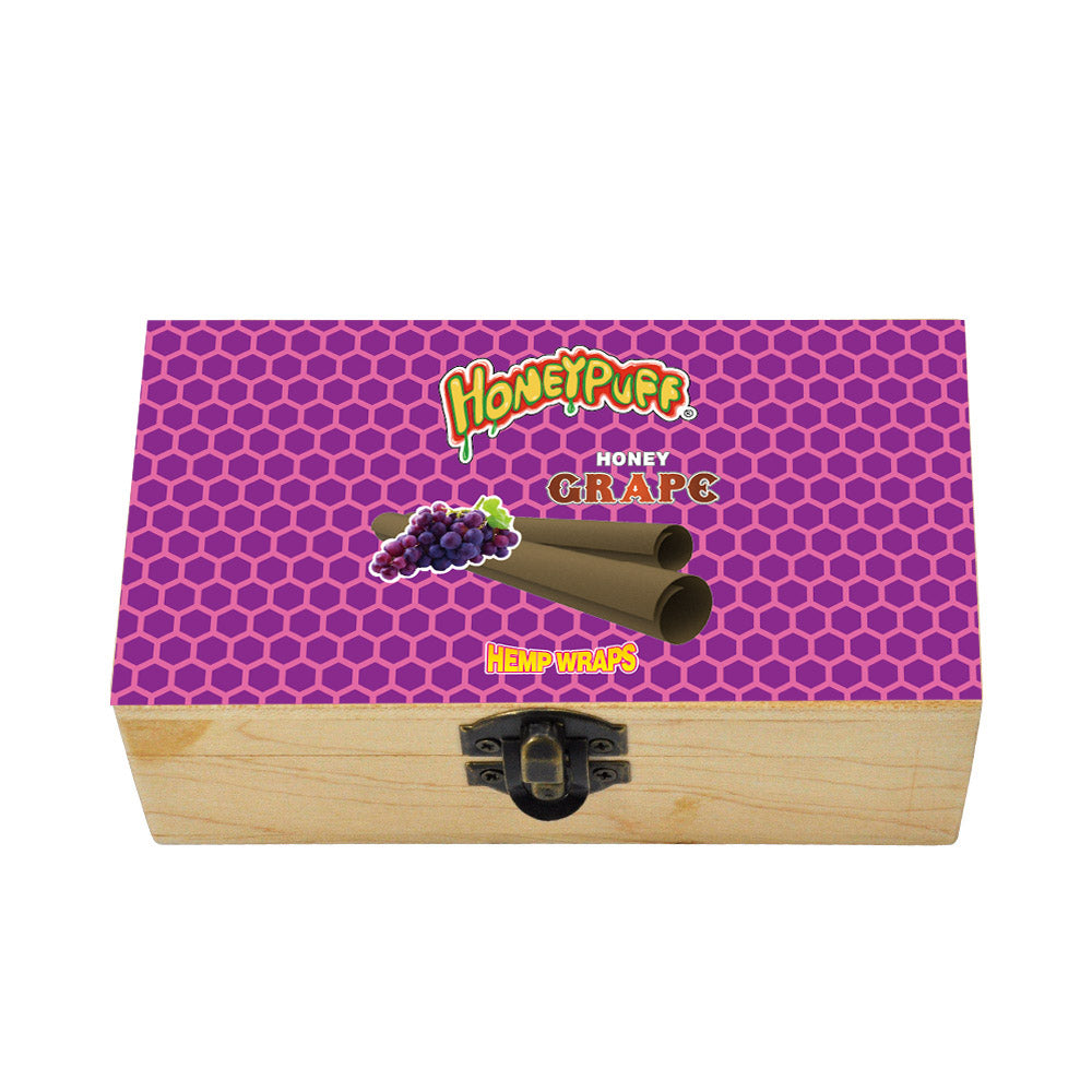 HONEYPUFF Handmade Tobacco Smoking Herb with Purple Lid Cover, Lockable Wooden Box, 5.4” x 2.8” x 2.0” Size Storage Box
