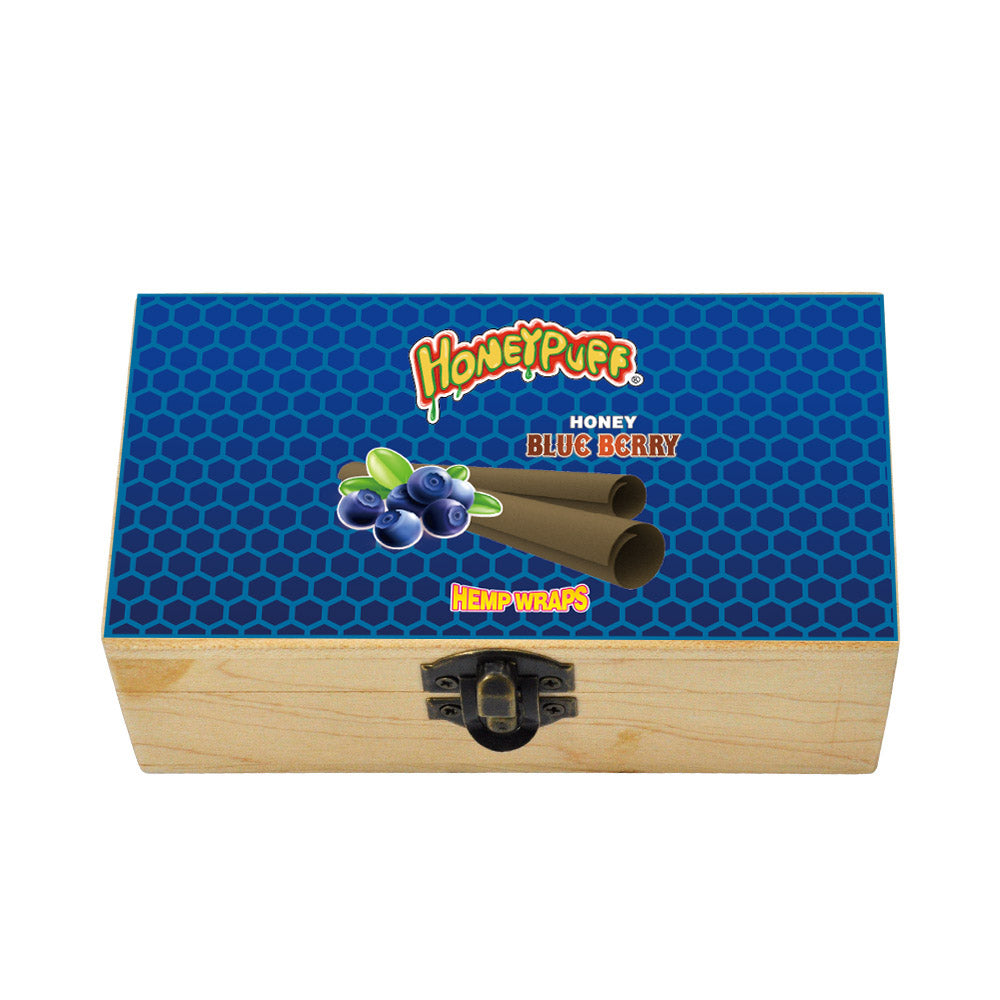 HONEYPUFF Handmade Tobacco Smoking Herb with Dark Blue Lid Cover, Lockable Wooden Box, 5.4” x 2.8” x 2.0” Size Storage Box