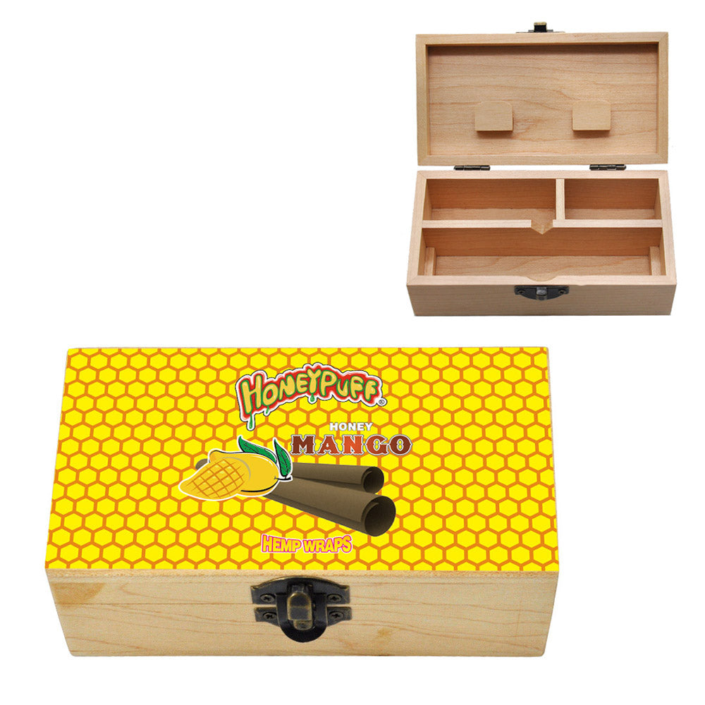 HONEYPUFF Handmade Tobacco Smoking Herb with Yellow Lid Cover, Lockable Wooden Box, 5.4” x 2.8” x 2.0” Size Storage Box