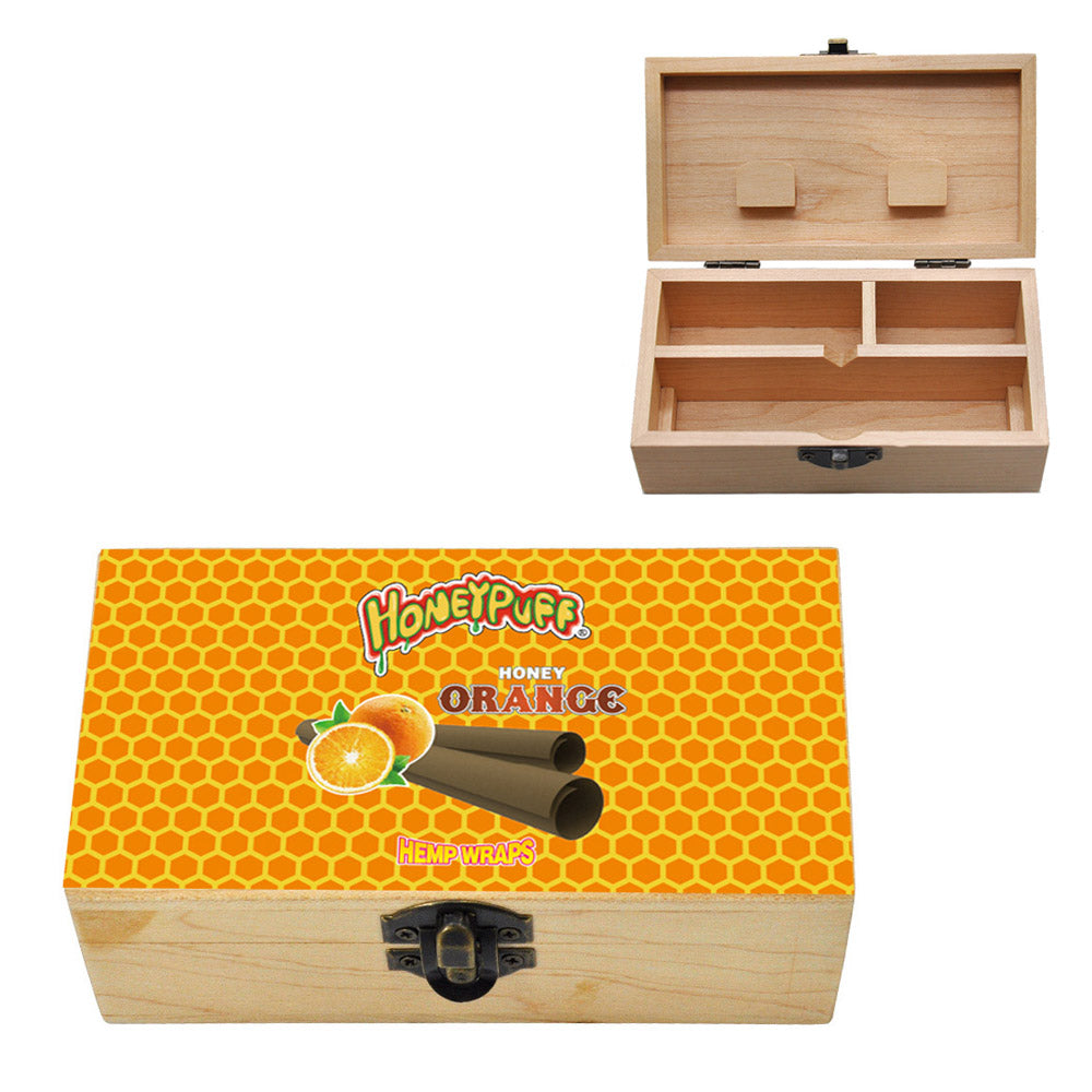HONEYPUFF Handmade Tobacco Smoking Herb with Orange Lid Cover, Lockable Wooden Box, 5.4” x 2.8” x 2.0” Size Storage Box