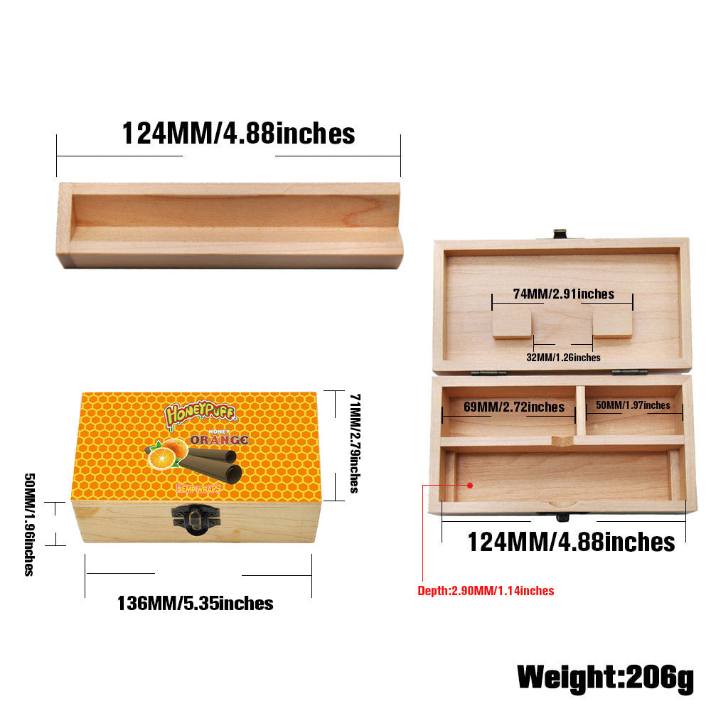 HONEYPUFF Handmade Tobacco Smoking Herb with Orange Lid Cover, Lockable Wooden Box, 5.4” x 2.8” x 2.0” Size Storage Box