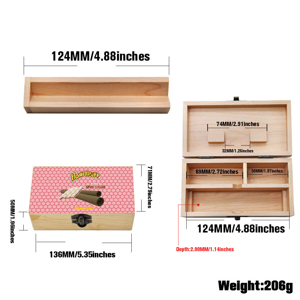 HONEYPUFF Handmade Tobacco Smoking Herb with Pink Lid Cover, Lockable Wooden Box, 5.4” x 2.8” x 2.0” Size Storage Box