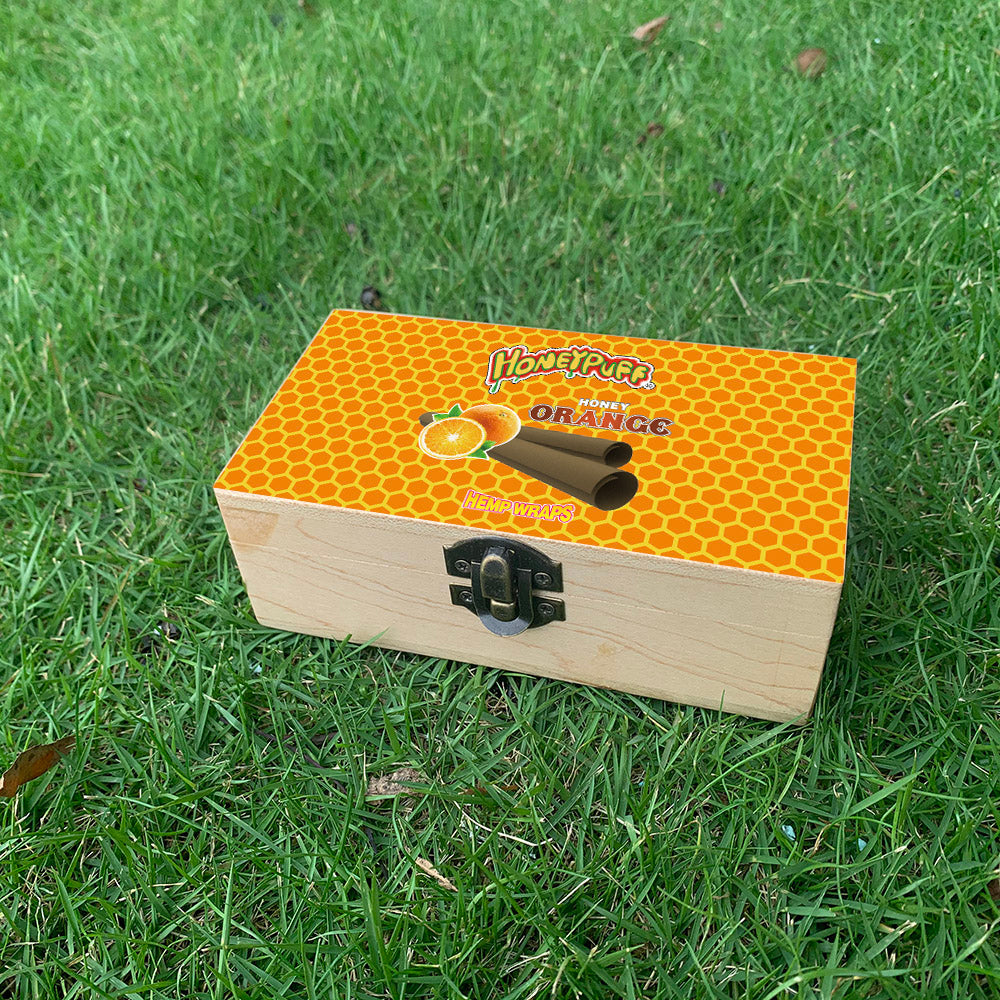 HONEYPUFF Handmade Tobacco Smoking Herb with Orange Lid Cover, Lockable Wooden Box, 5.4” x 2.8” x 2.0” Size Storage Box