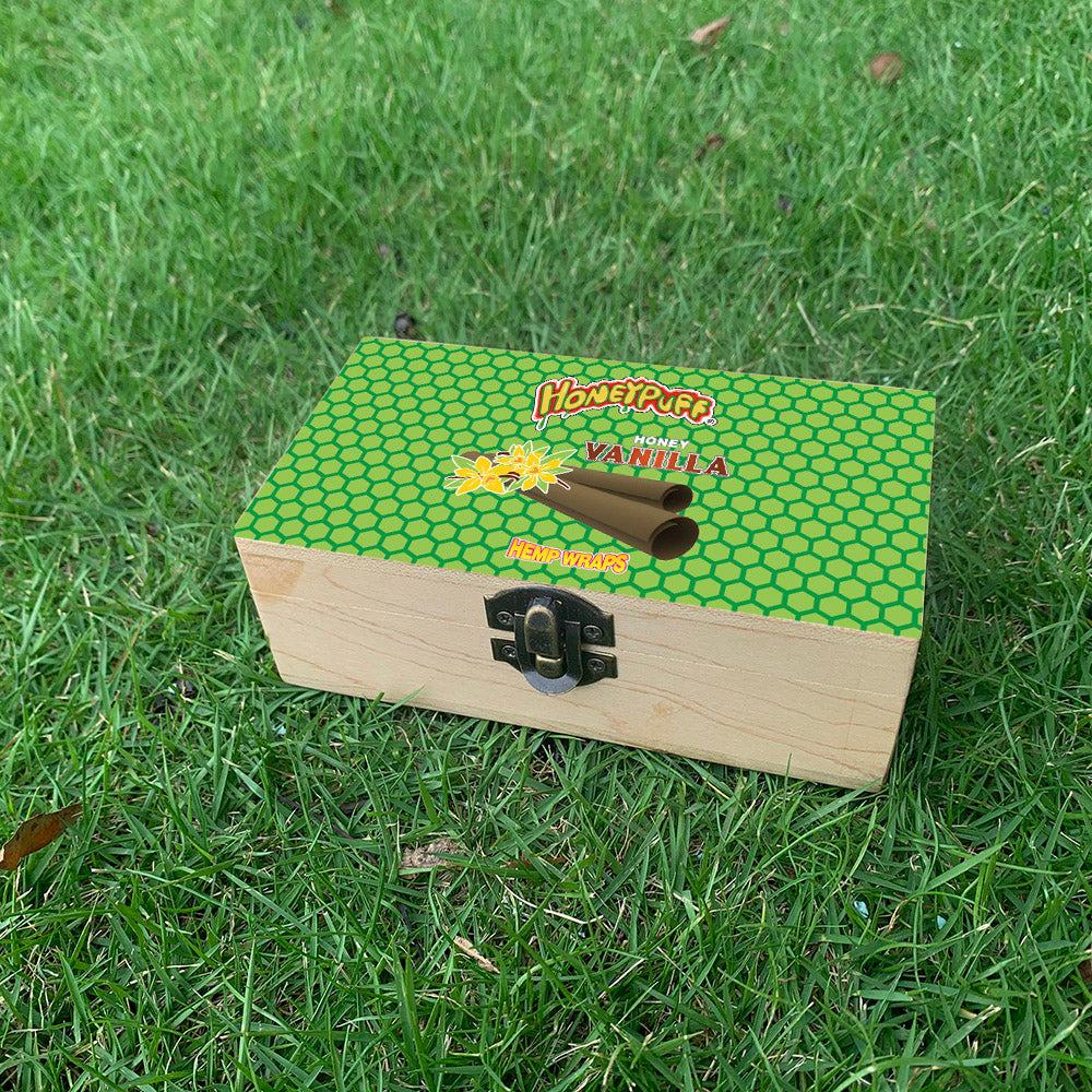 HONEYPUFF Handmade Tobacco Smoking Herb with Dark Green Lid Cover, Lockable Wooden Box, 5.4” x 2.8” x 2.0” Size Storage Box