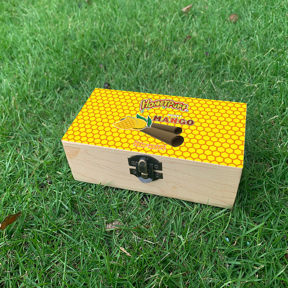 HONEYPUFF Handmade Tobacco Smoking Herb with Yellow Lid Cover, Lockable Wooden Box, 5.4” x 2.8” x 2.0” Size Storage Box