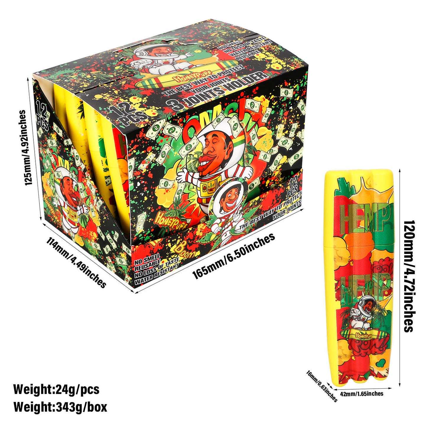 HONEYPUFF 5 Joint Holder, Smell Proof Pre Roll Cone Holder Case, 121 mm Yellow Joint Case, 12 PCS / Box