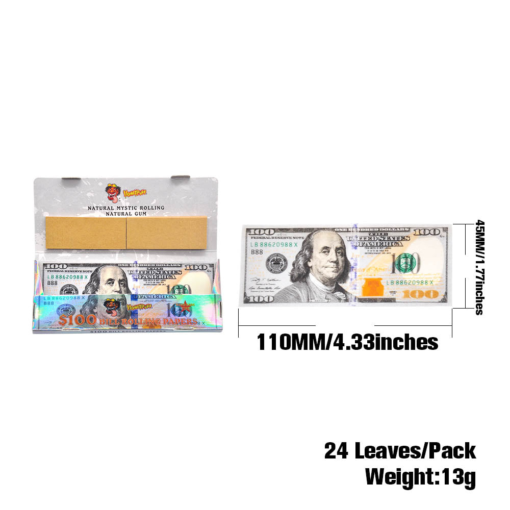 HONEYPUFF 100 Dollar Rolling Paper, King Size Cigarette Rolling Paper & Brown Rolling Tips, 24 PCS