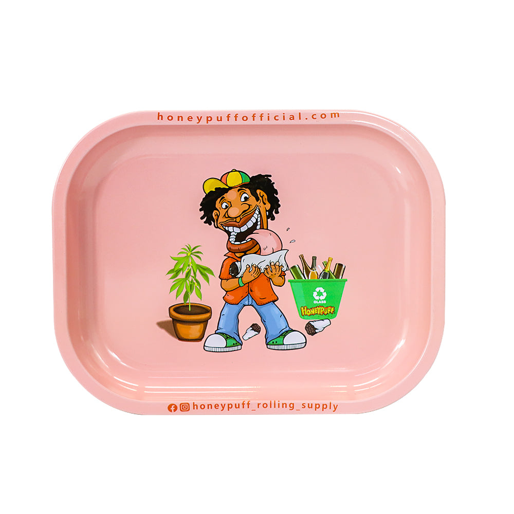 HONEYPUFF Pink Color Tinplate Metal Rolling Tray, 7” x 5.5” Size Portable Cigarette Rolling Paper Tray, Smooth Rounded Edge Rolling Paper Tray
