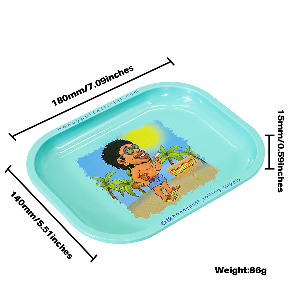 HONEYPUFF Blue Color Tinplate Metal Rolling Tray, 7” x 5.5” Size Portable Cigarette Rolling Paper Tray, Smooth Rounded Edge Rolling Paper Tray