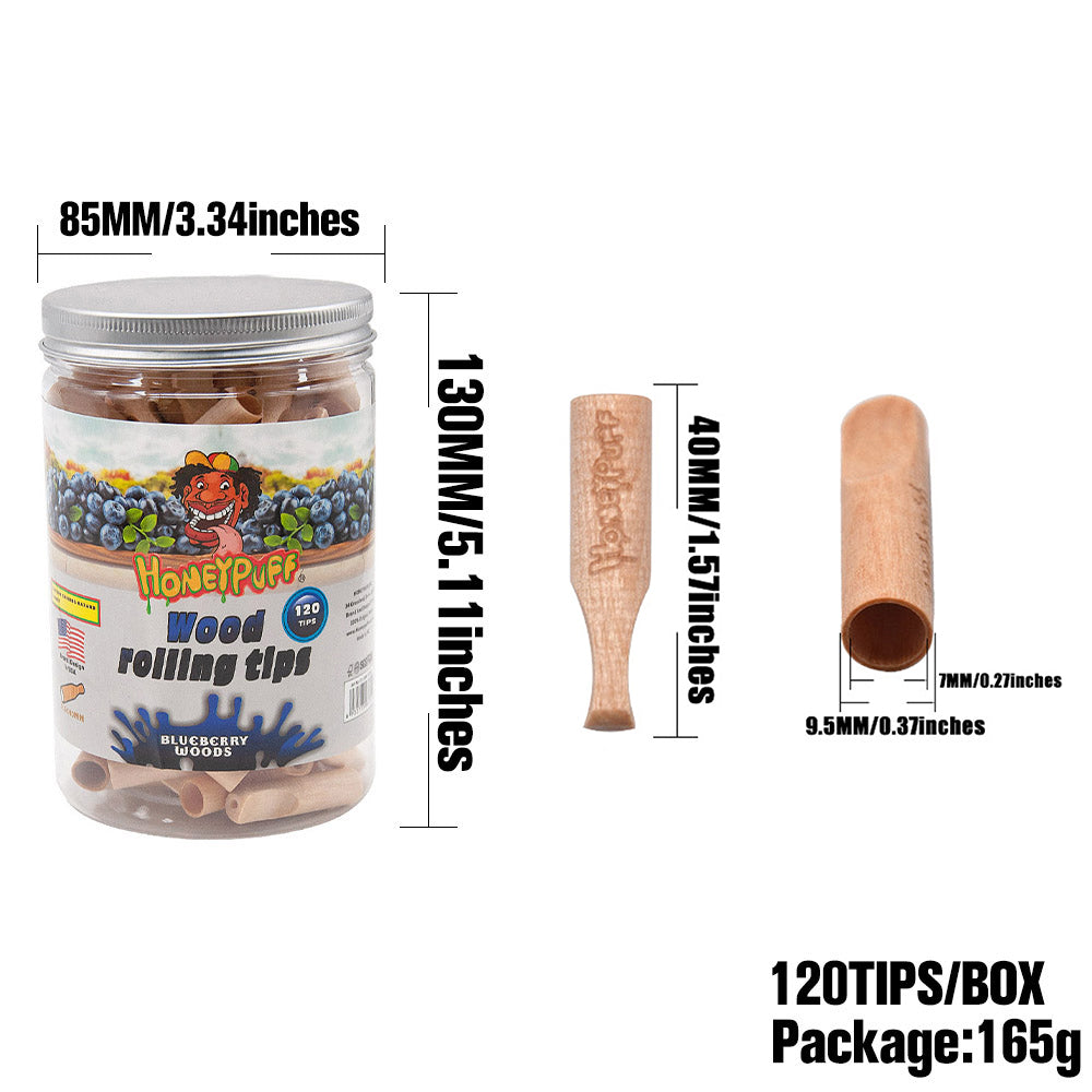 HONEYPUFF Blueberry Flavored Wood Rolling Filter Tips, 40 mm Cigarette Holder, 120 Tips / Jar