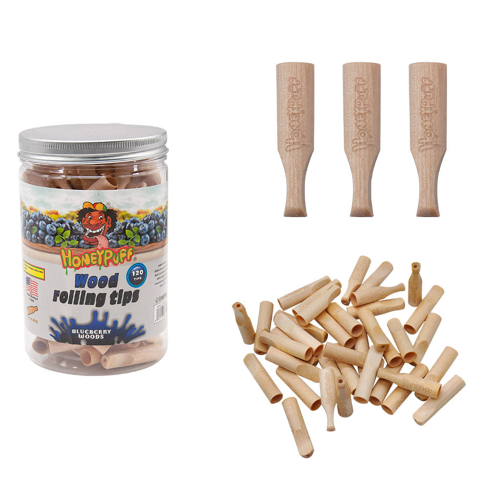 HONEYPUFF Blueberry Flavored Wood Rolling Filter Tips, 40 mm Cigarette Holder, 120 Tips / Jar