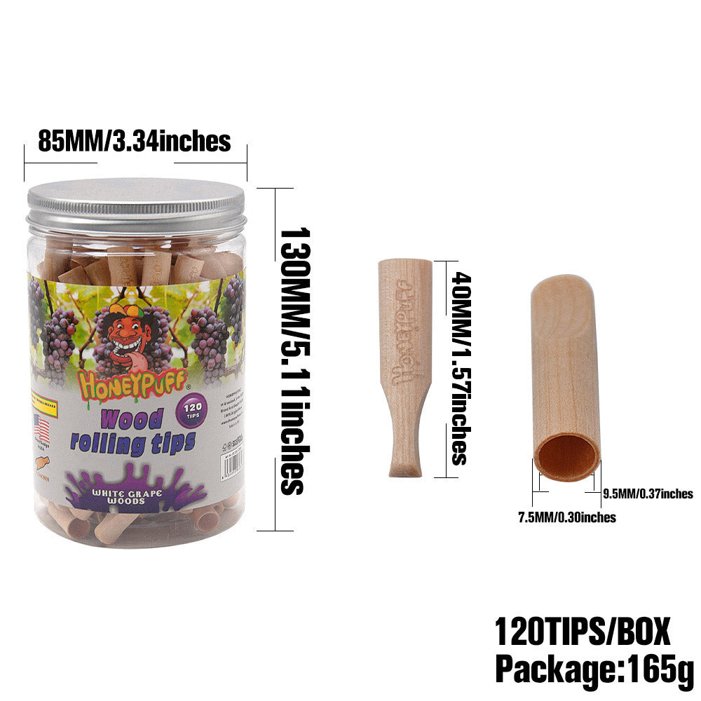 HONEYPUFF Grape Flavored Wood Rolling Filter Tips, 40 mm Cigarette Holder, 120 Tips / Jar