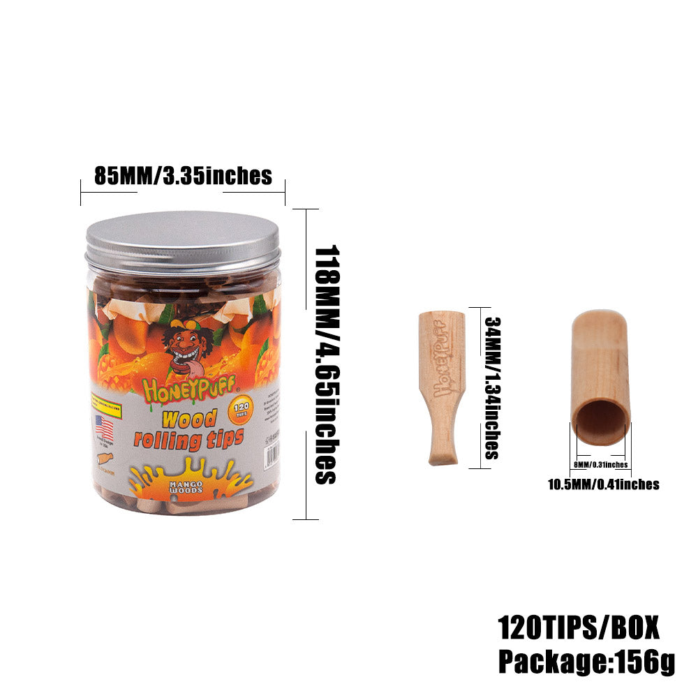 HONEYPUFF Mango Flavored Wood Rolling Filter Tips, 34 mm Cigarette Holder, 120 Tips / Jar