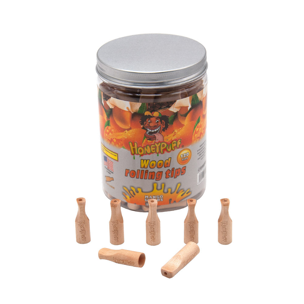 HONEYPUFF Mango Flavored Wood Rolling Filter Tips, 34 mm Cigarette Holder, 120 Tips / Jar