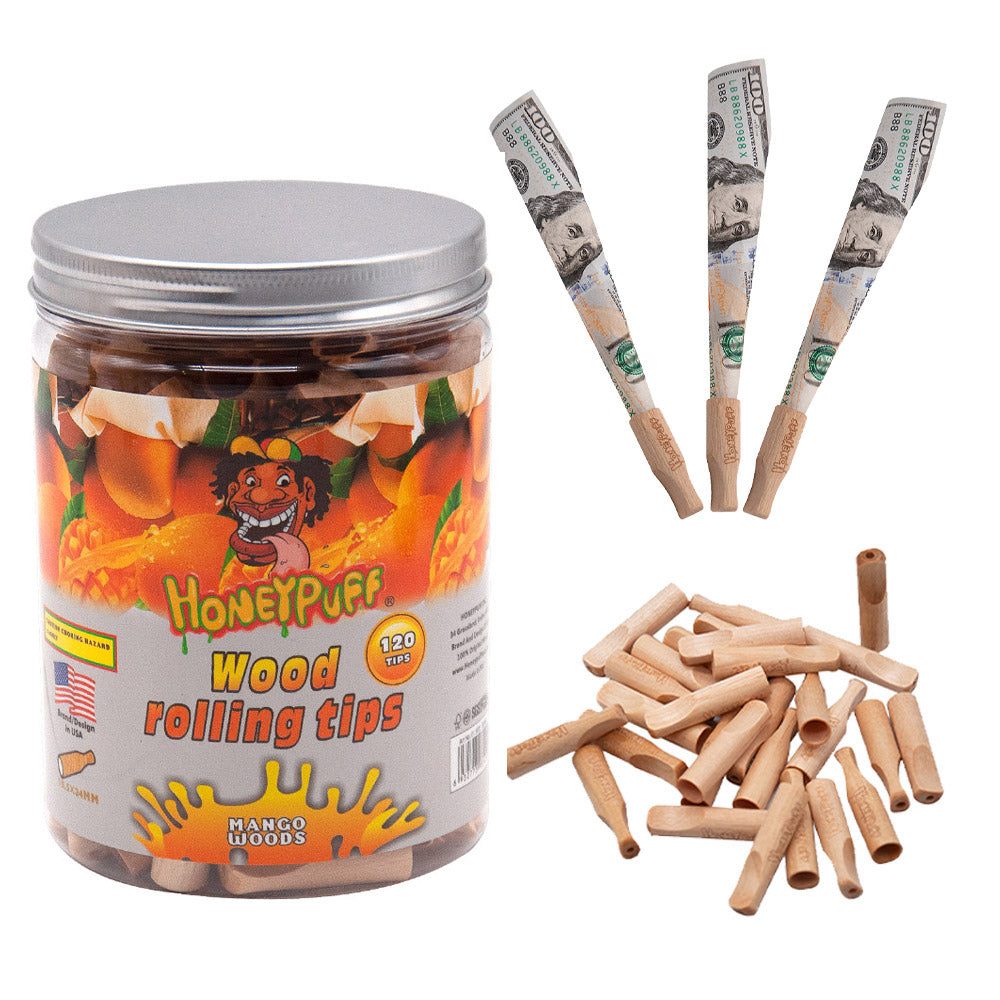 HONEYPUFF Mango Flavored Wood Rolling Filter Tips, 34 mm Cigarette Holder, 120 Tips / Jar
