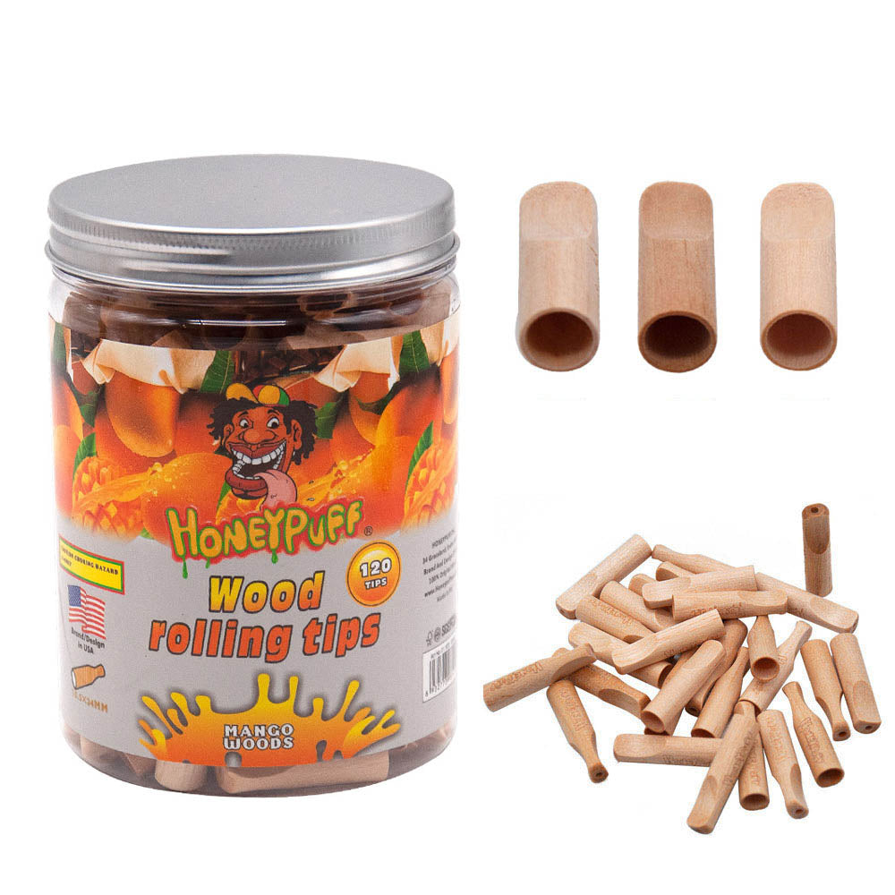 HONEYPUFF Mango Flavored Wood Rolling Filter Tips, 34 mm Cigarette Holder, 120 Tips / Jar