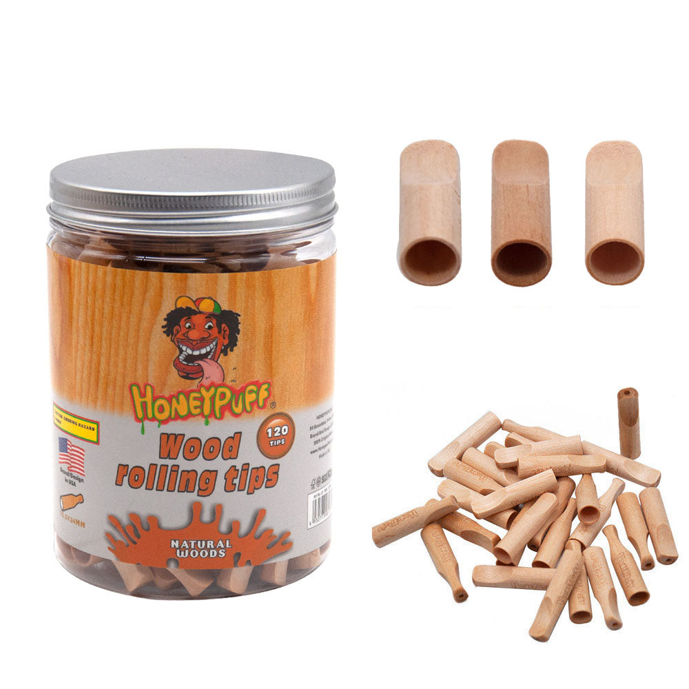HONEYPUFF Organic Flavored Wood Rolling Filter Tips, 34 mm Cigarette Holder, 120 Tips / Jar