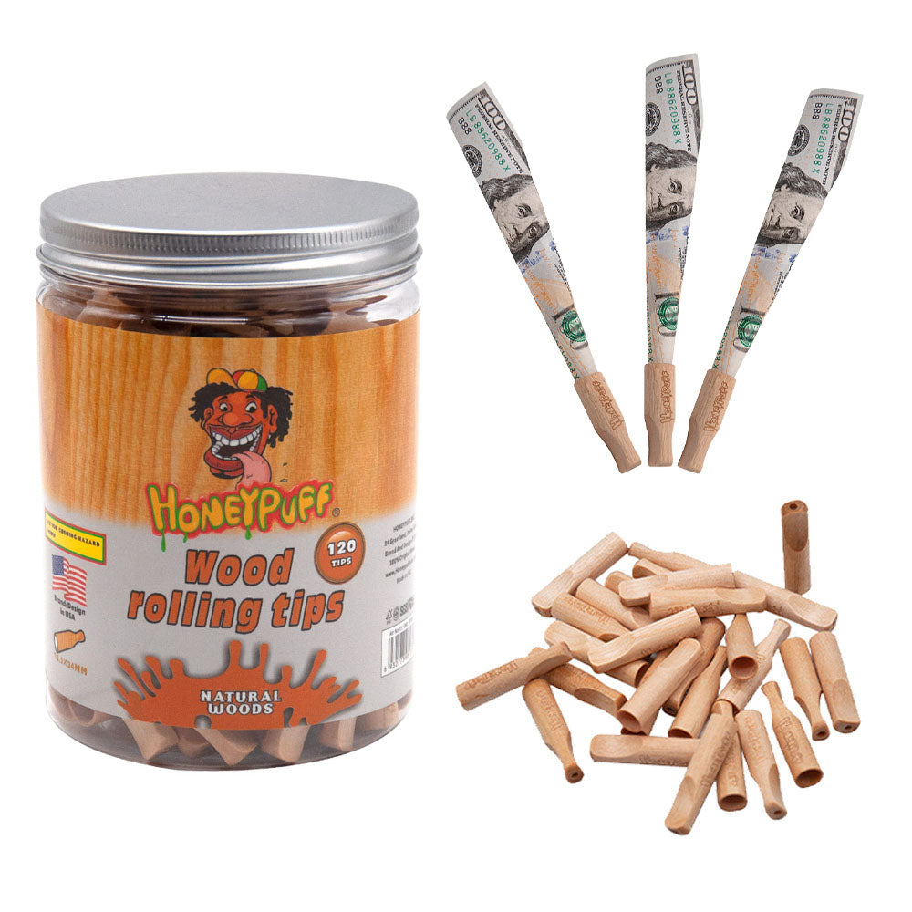 HONEYPUFF Organic Flavored Wood Rolling Filter Tips, 34 mm Cigarette Holder, 120 Tips / Jar