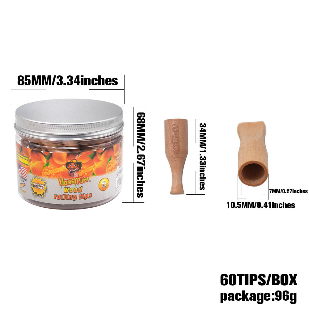 HONEYPUFF Mango Flavored Wood Rolling Filter Tips, 34 mm Cigarette Holder, 60 Tips / Jar