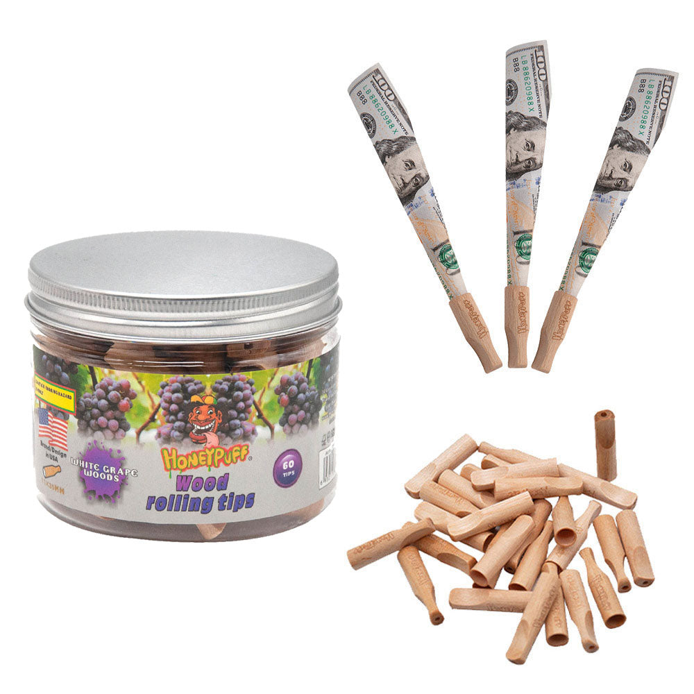 HONEYPUFF White Grape Flavored Wood Rolling Filter Tips, 34 mm Cigarette Holder, 60 Tips / Jar