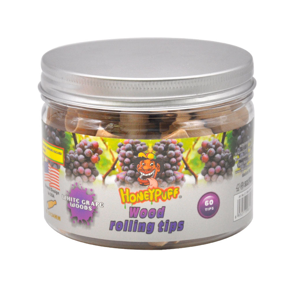HONEYPUFF White Grape Flavored Wood Rolling Filter Tips, 34 mm Cigarette Holder, 60 Tips / Jar