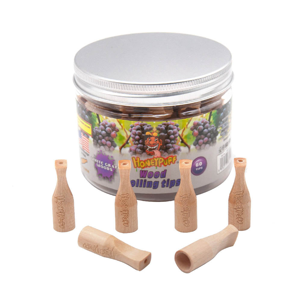 HONEYPUFF White Grape Flavored Wood Rolling Filter Tips, 34 mm Cigarette Holder, 60 Tips / Jar