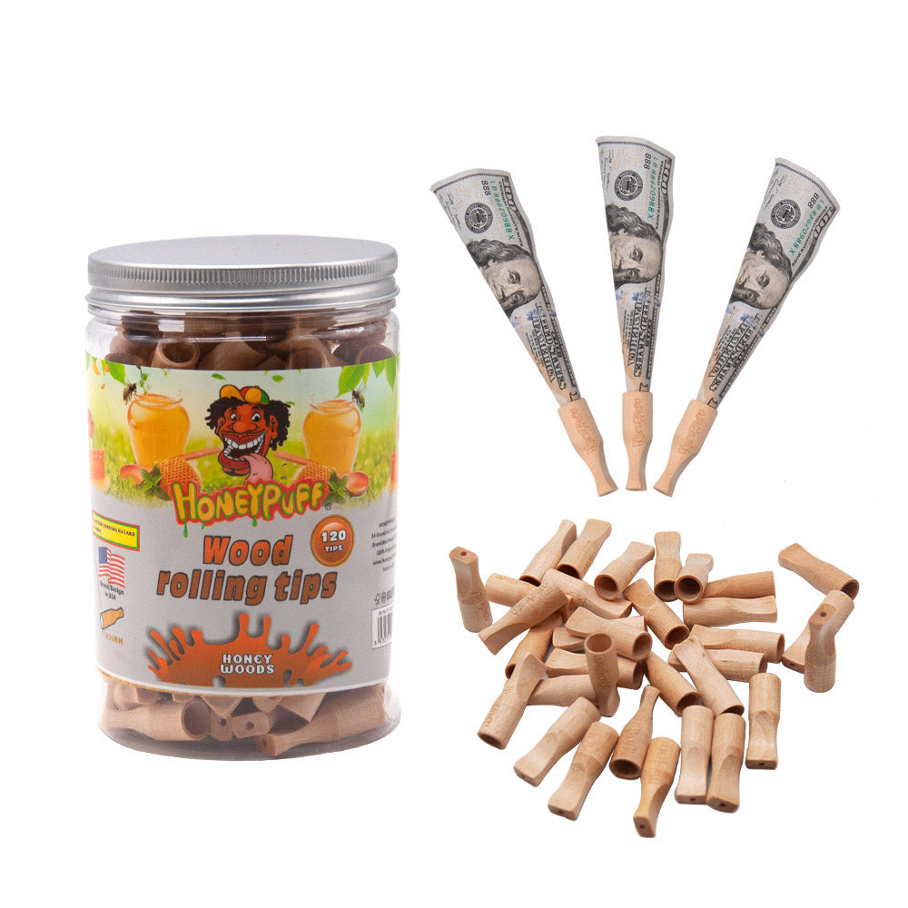 HONEYPUFF Honey Flavored Wood Rolling Filter Tips, 35 mm Cigarette Holder, 120 Tips / Jar