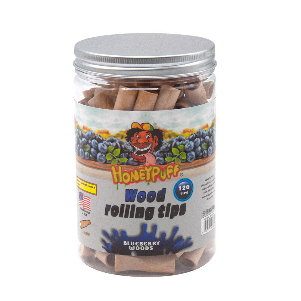 HONEYPUFF Blueberry Flavored Wood Rolling Filter Tips, 35 mm Cigarette Holder, 120 Tips / Jar
