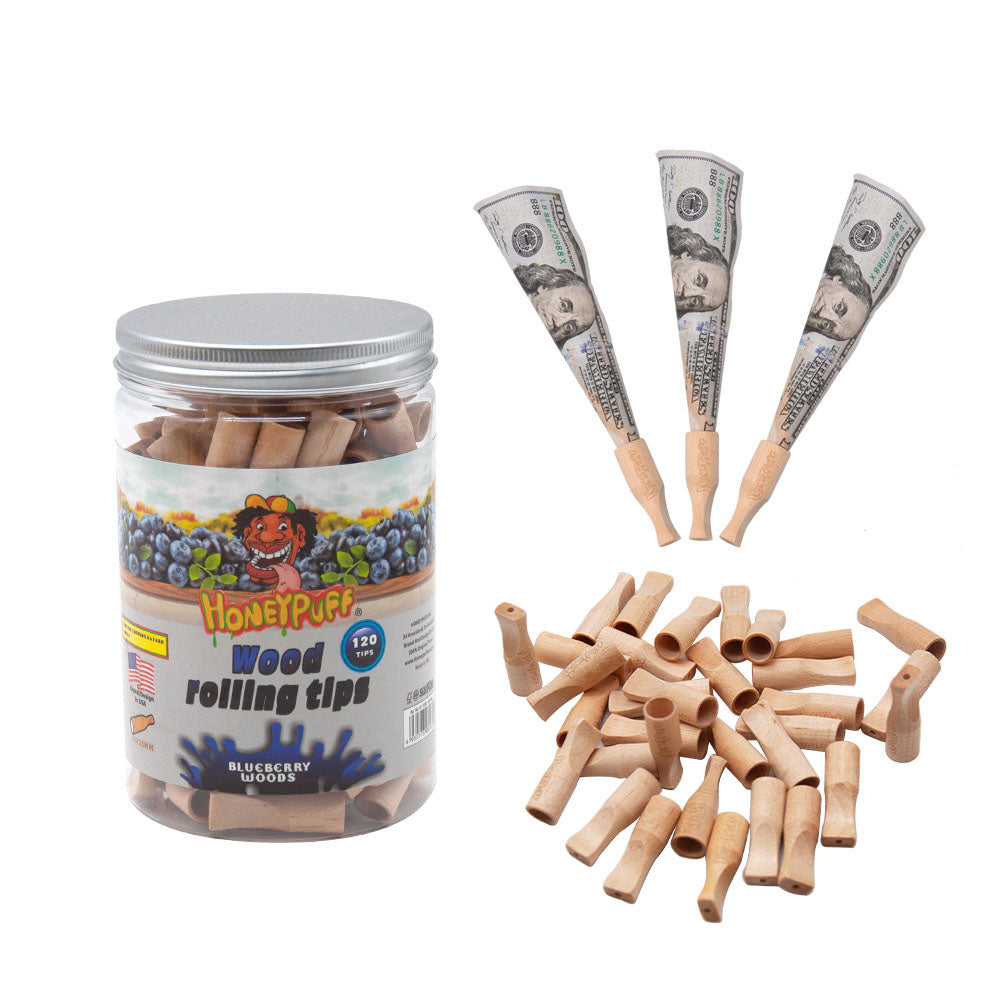 HONEYPUFF Blueberry Flavored Wood Rolling Filter Tips, 35 mm Cigarette Holder, 120 Tips / Jar