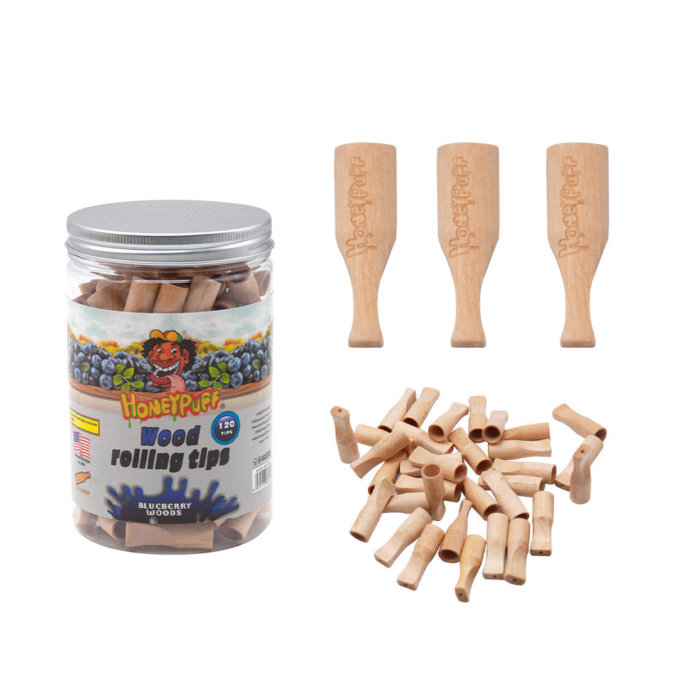 HONEYPUFF Blueberry Flavored Wood Rolling Filter Tips, 35 mm Cigarette Holder, 120 Tips / Jar