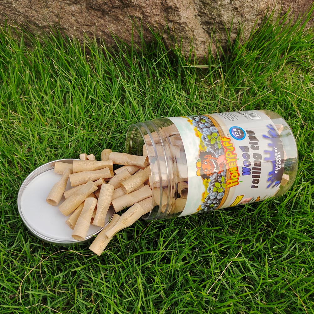 HONEYPUFF Blueberry Flavored Wood Rolling Filter Tips, 35 mm Cigarette Holder, 120 Tips / Jar