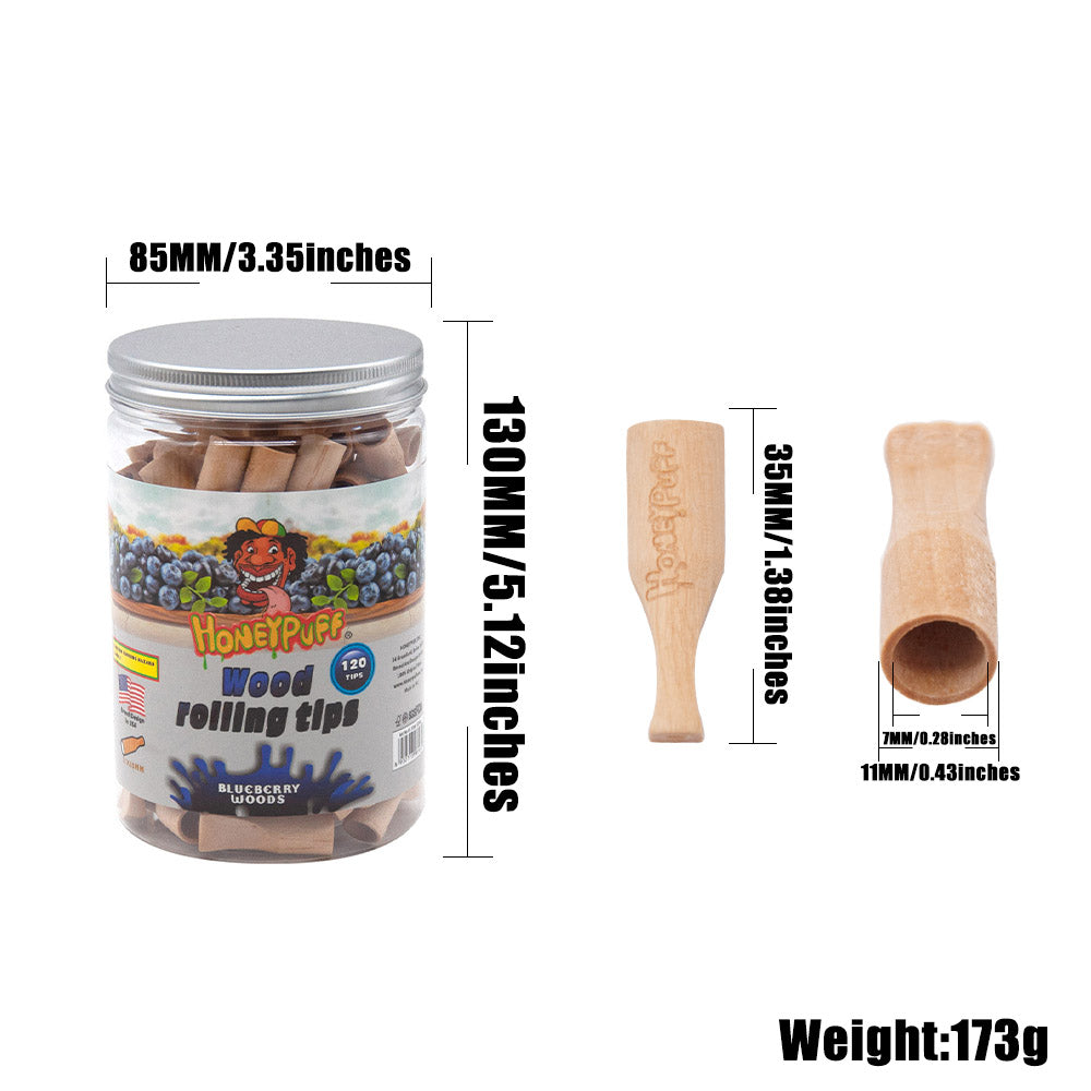 HONEYPUFF Blueberry Flavored Wood Rolling Filter Tips, 35 mm Cigarette Holder, 120 Tips / Jar