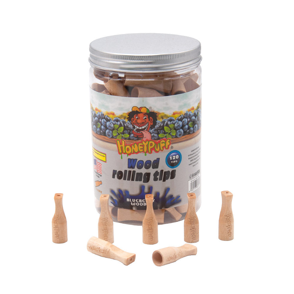 HONEYPUFF Blueberry Flavored Wood Rolling Filter Tips, 35 mm Cigarette Holder, 120 Tips / Jar