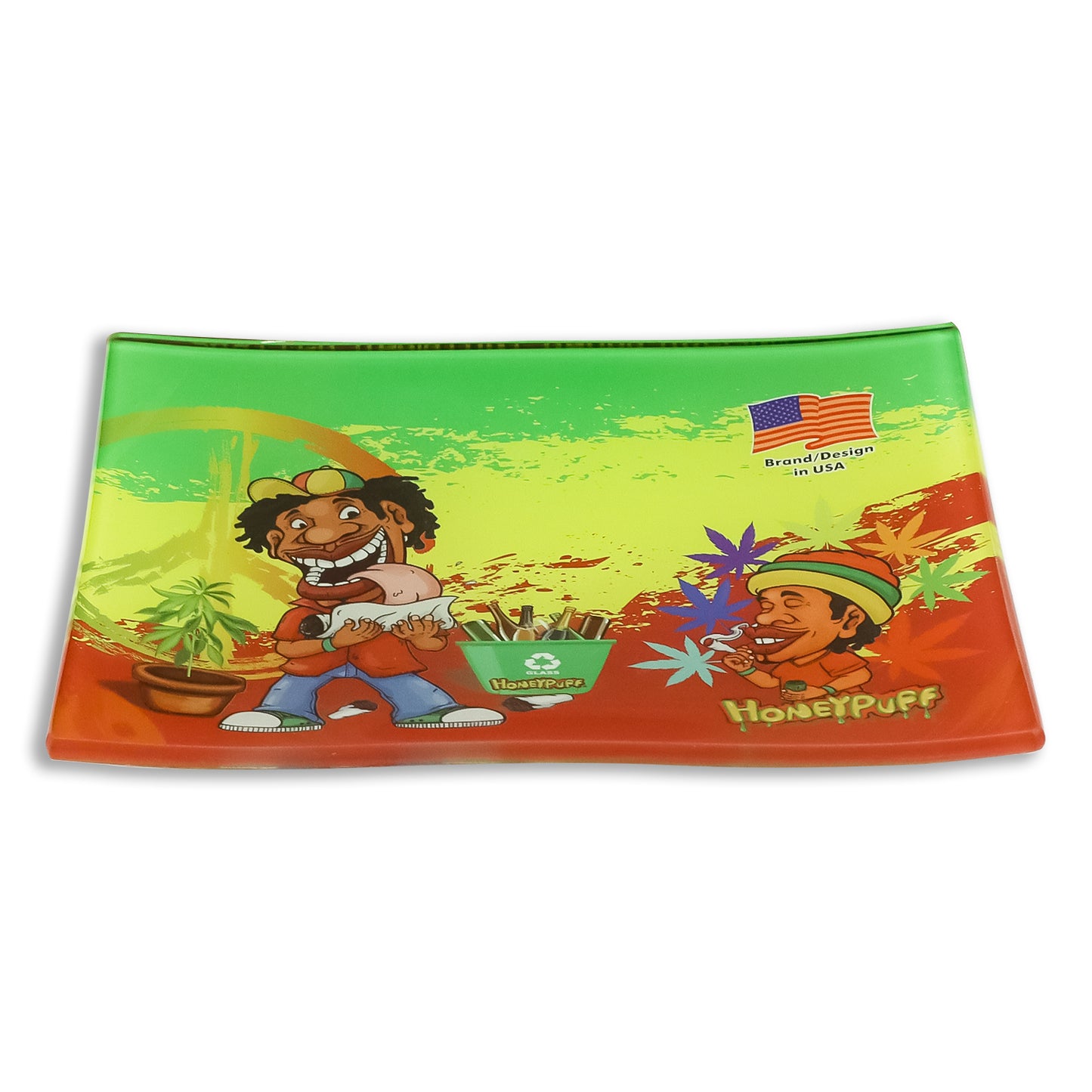 HONEYPUFF Glass Rolling Tray, Shatter Resistant Cigarette Rolling Tray, Rasta Style Rolling Paper Tray, 6.3” x 4.7” Size Cigarette Rolling Tray
