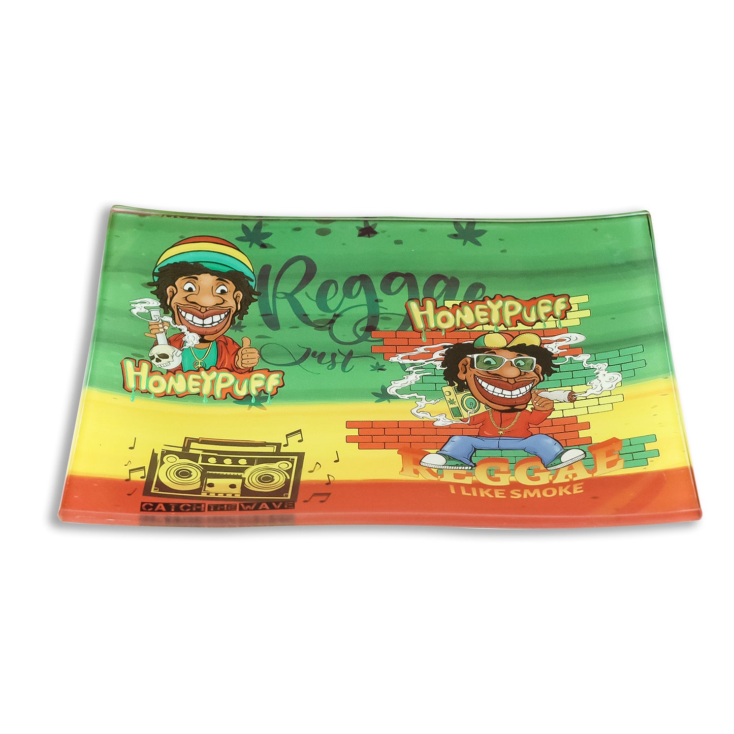HONEYPUFF Glass Rolling Tray, Shatter Resistant Cigarette Rolling Tray, Rasta Style Rolling Paper Tray, 6.3” x 4.7” Size Cigarette Rolling Tray
