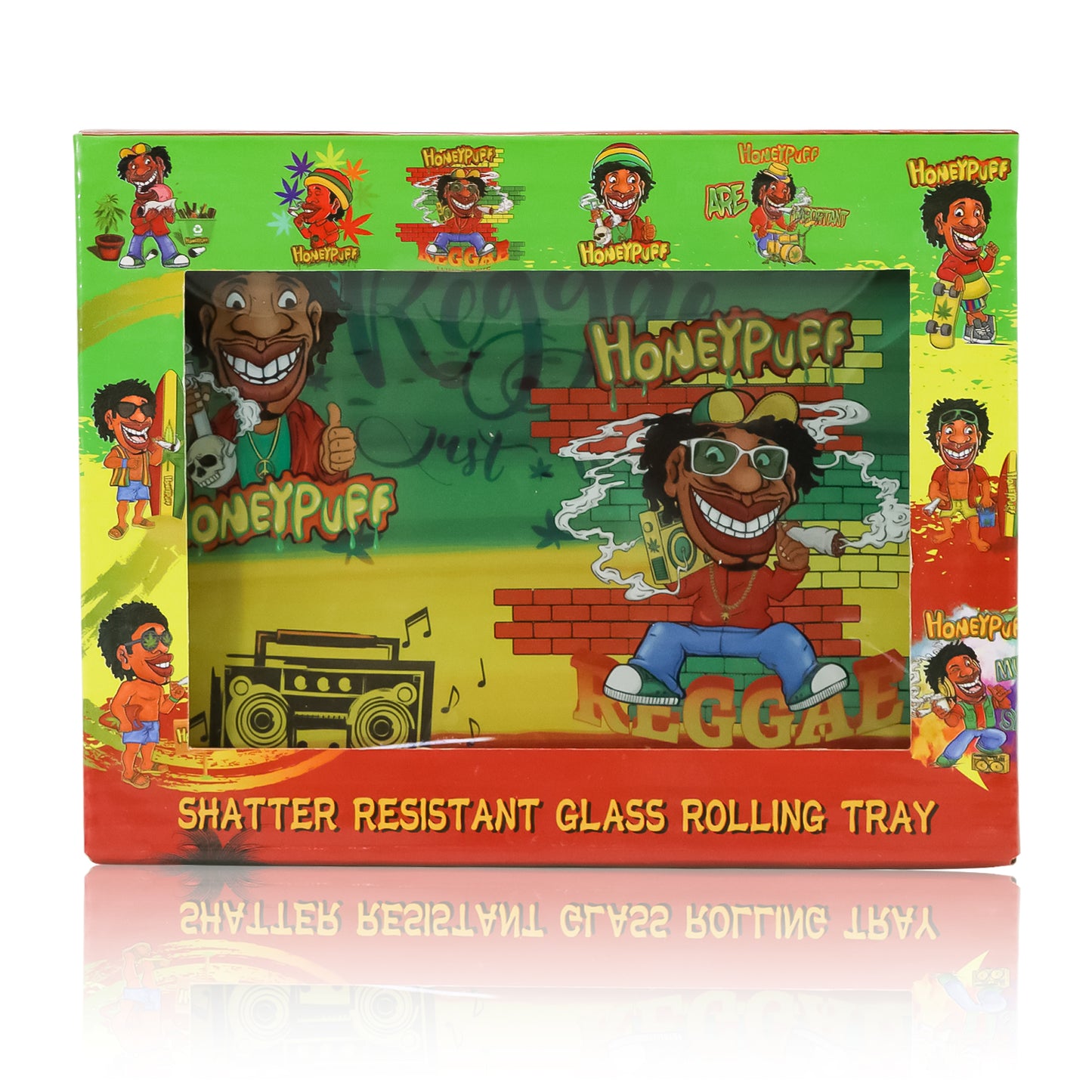 HONEYPUFF Glass Rolling Tray, Shatter Resistant Cigarette Rolling Tray, Rasta Style Rolling Paper Tray, 6.3” x 4.7” Size Cigarette Rolling Tray