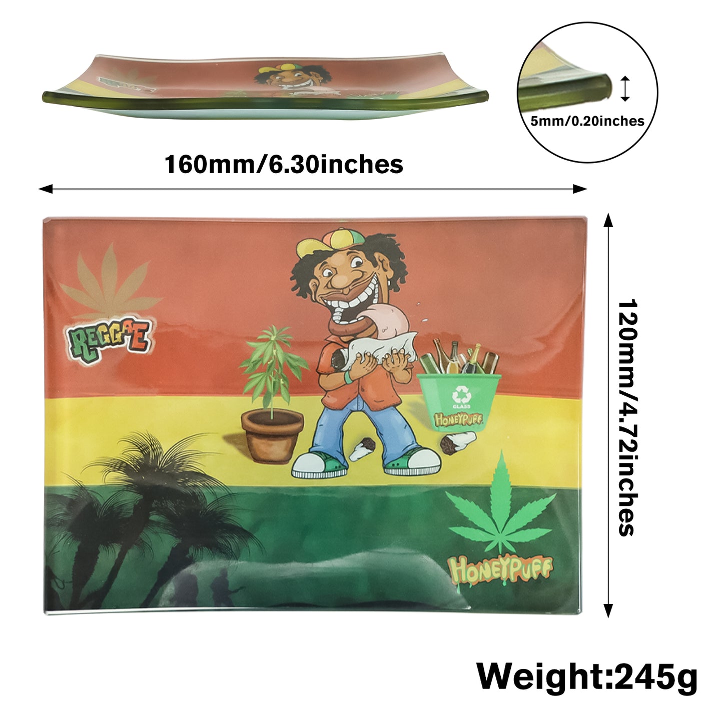 HONEYPUFF Glass Rolling Tray, Shatter Resistant Cigarette Rolling Tray, Rasta Style Rolling Paper Tray, 6.3” x 4.7” Size Cigarette Rolling Tray