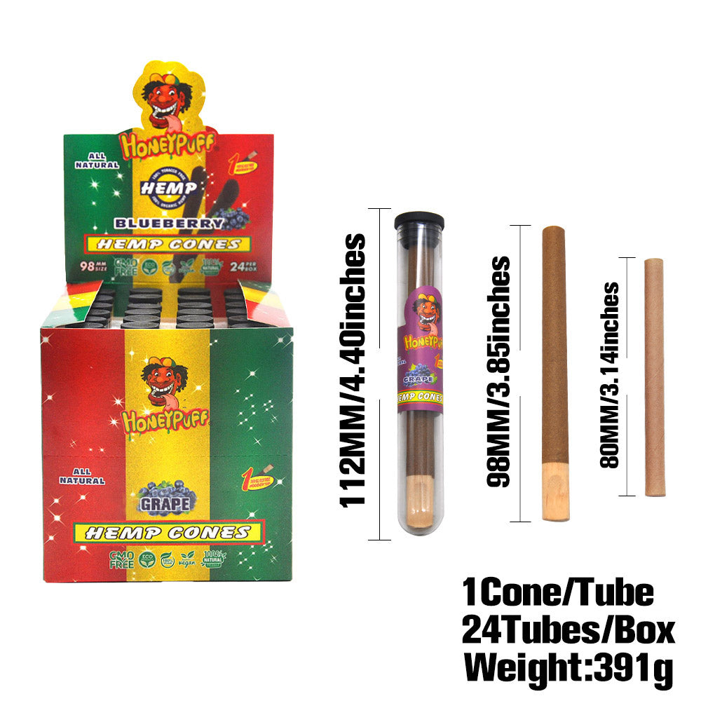 HONEYPUFF 98 mm Grape Flavored Pre Rolled Cones, Wood Tips Rolling Cones & Glass Cigarette Holder, 1 PCS /Tube 24Tubes / Box