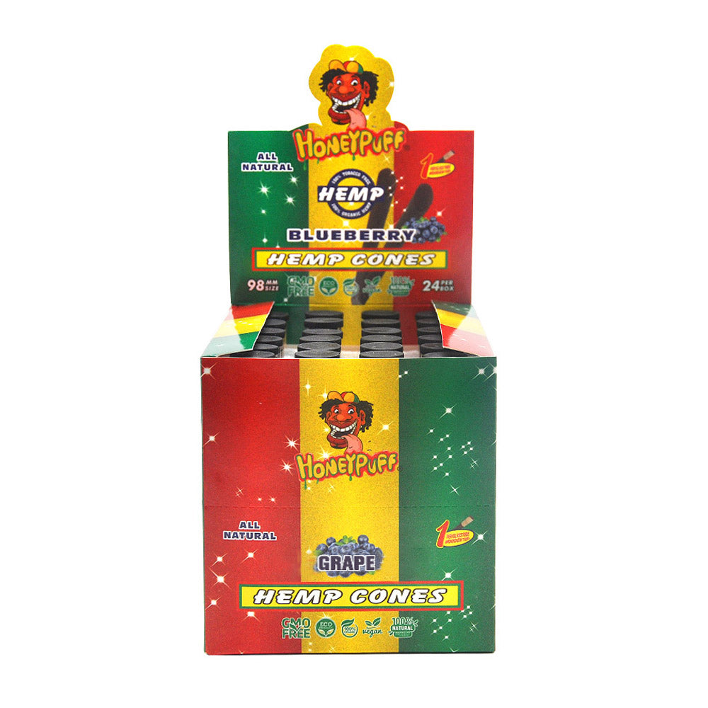 HONEYPUFF 98 mm Grape Flavored Pre Rolled Cones, Wood Tips Rolling Cones & Glass Cigarette Holder, 1 PCS /Tube 24Tubes / Box
