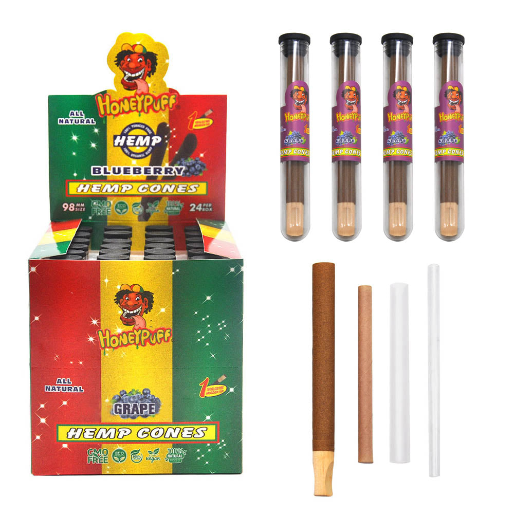 HONEYPUFF 98 mm Grape Flavored Pre Rolled Cones, Wood Tips Rolling Cones & Glass Cigarette Holder, 1 PCS /Tube 24Tubes / Box