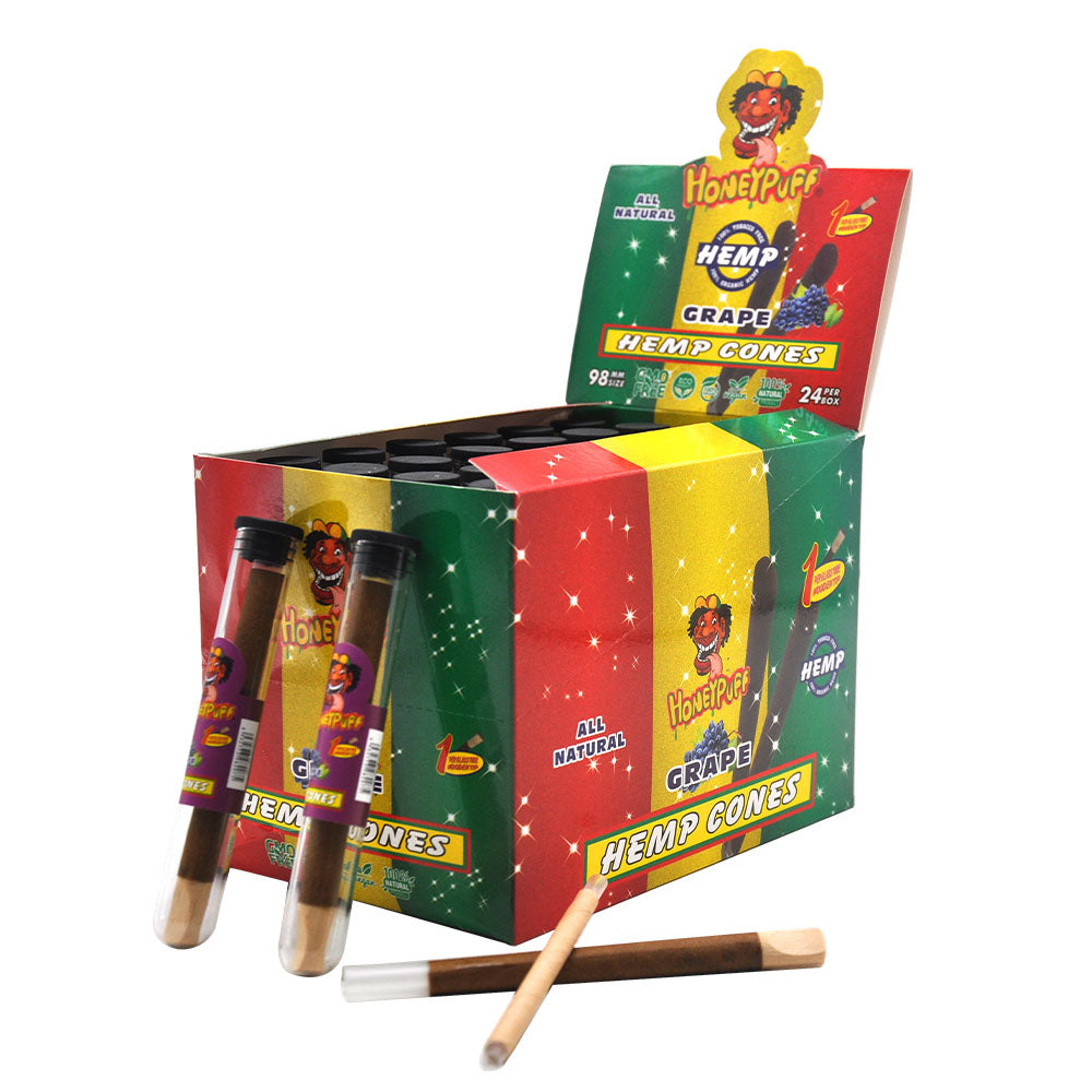 HONEYPUFF 98 mm Grape Flavored Pre Rolled Cones, Wood Tips Rolling Cones & Glass Cigarette Holder, 1 PCS /Tube 24Tubes / Box