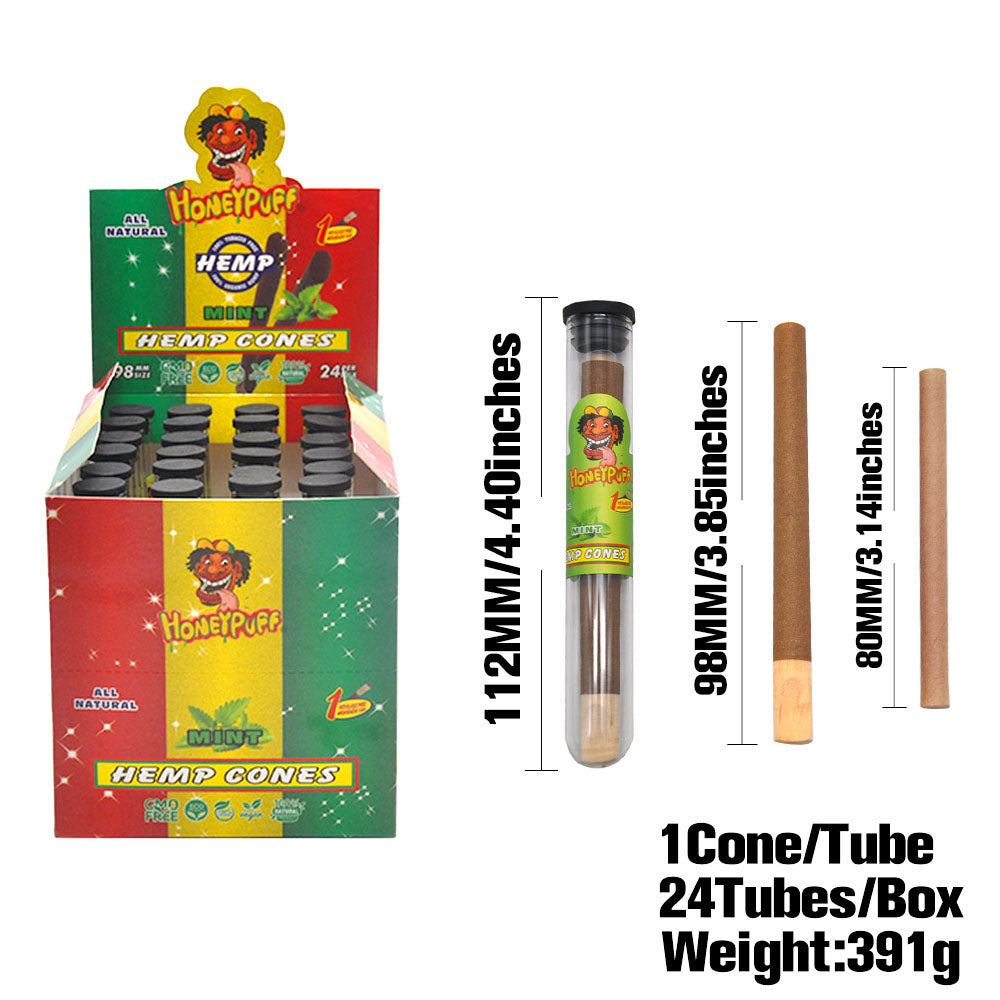 HONEYPUFF 98 mm Mint Flavored Pre Rolled Cones, Wood Tips Rolling Cones & Glass Cigarette Holder, 1 PCS /Tube 24Tubes / Box