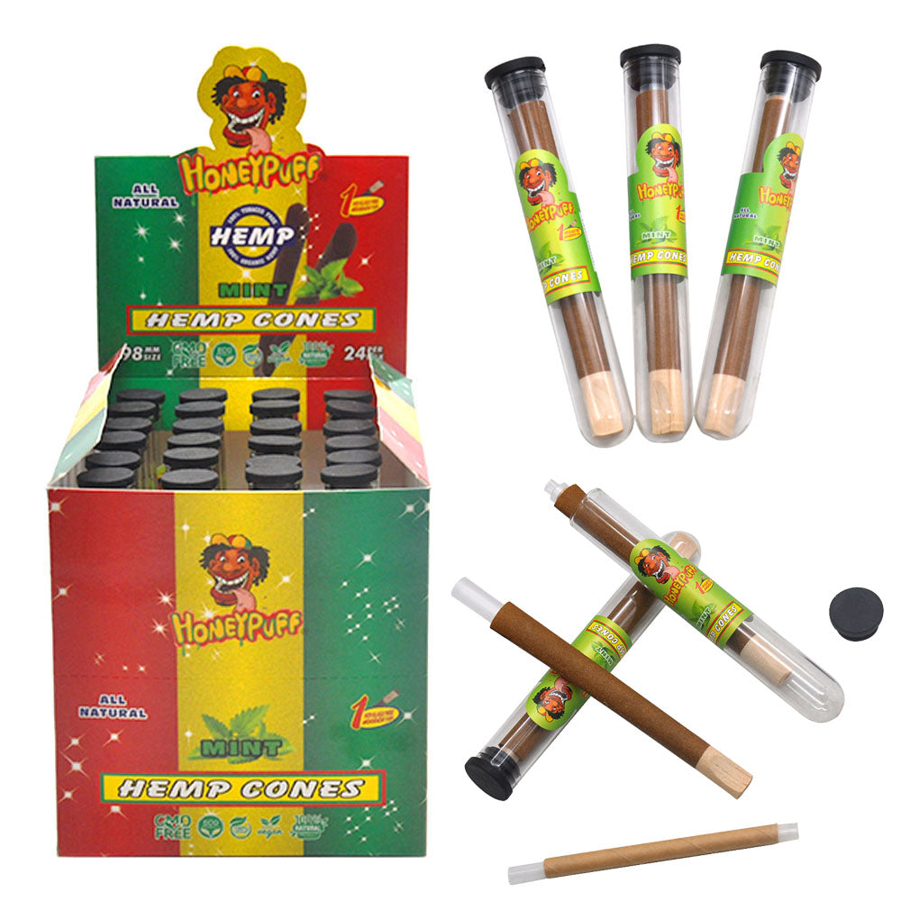 HONEYPUFF 98 mm Mint Flavored Pre Rolled Cones, Wood Tips Rolling Cones & Glass Cigarette Holder, 1 PCS /Tube 24Tubes / Box